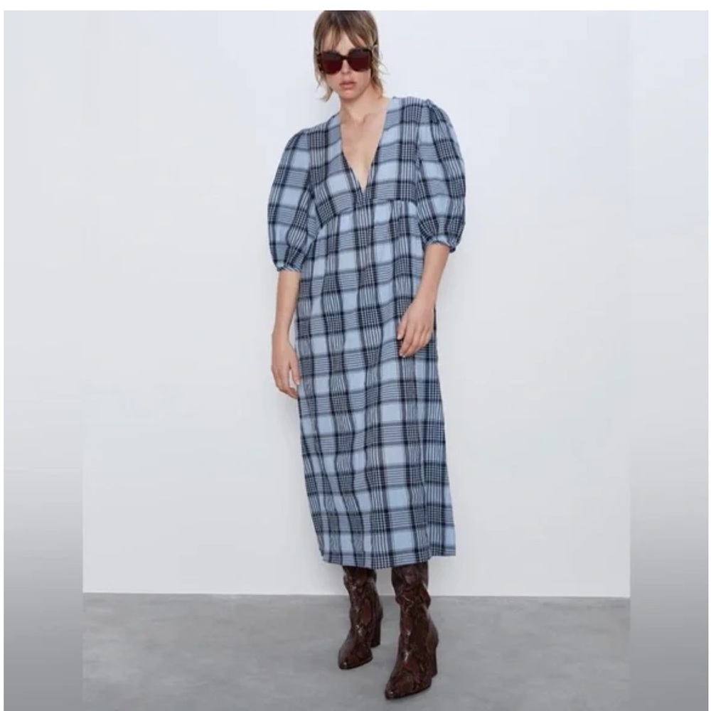 Zara Blue Plaid Midi Cotton Dress - Picture 12 of 12